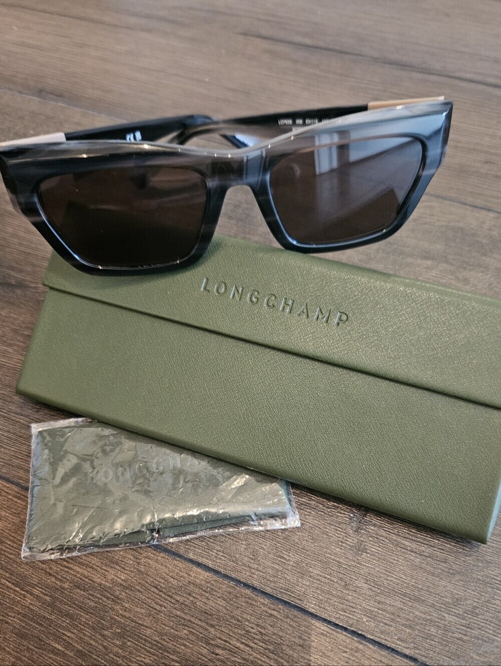 Longchamp LO763S 008 Striped Black Rectangle Sunglasses w/ Case & Cloth